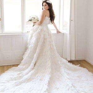 White Feather Wedding Dress, Feather High Low Dress With Train ...