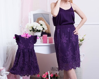 Mommy and Me Outfits Dresses, Mother Daughter Matching Lace Dress, Purple Lace Matching Knee Length  Party Dress Mom Daughter