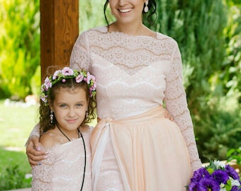 Ivory Mother Daughter matching dress Mommy and Me sleeve fitted lace dresses Mom Baby Dress Bridal Dress for Wedding Bridesmaid dress