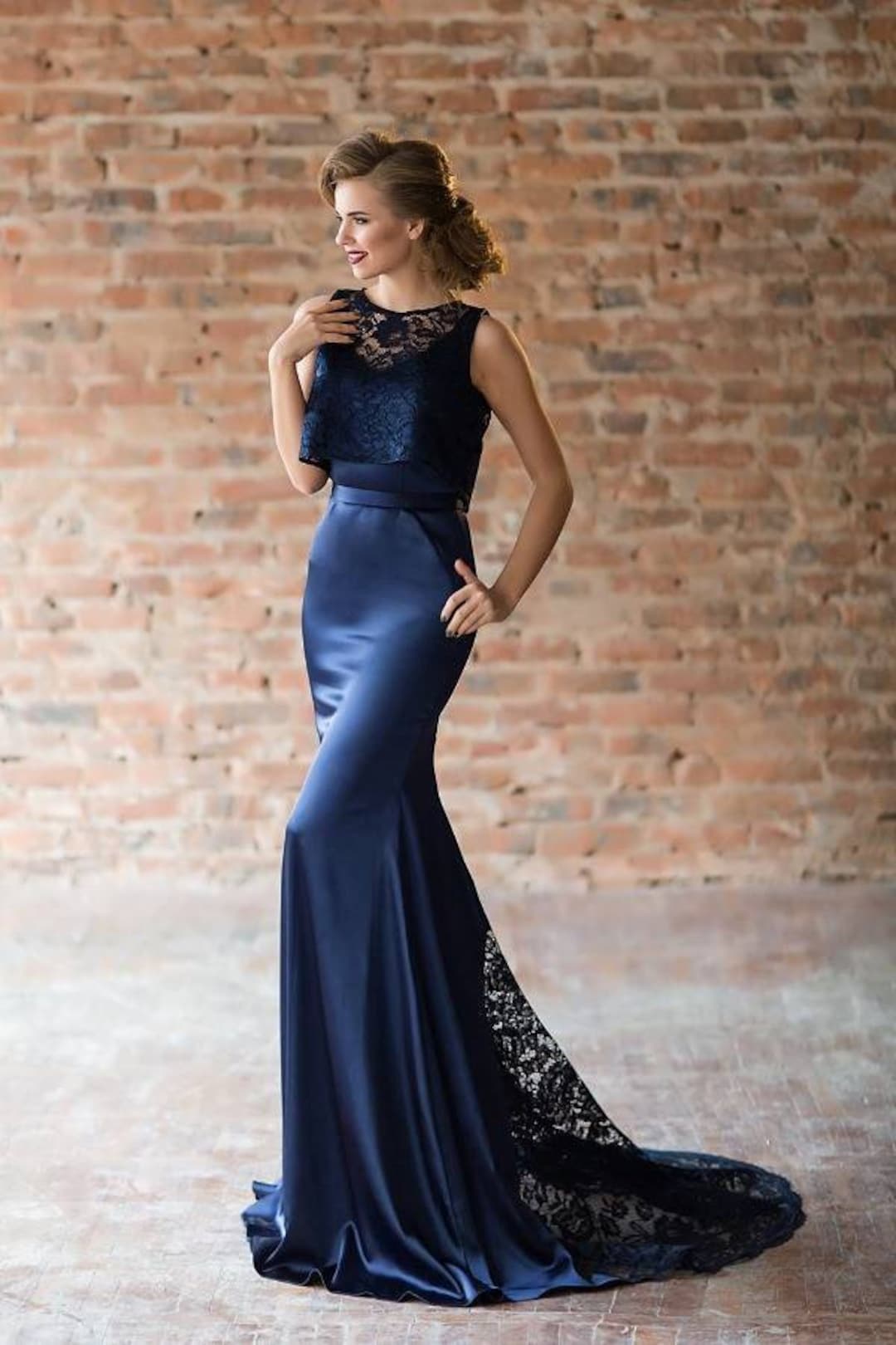 Navy Lace Evening Gown Navy Rylie Gown Elegant Evening Dress Lady Black Tie  Collection