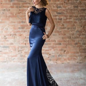 Navy lace mermaid dress -  Evening Maxi lace dress - Prom Dress- Bridesmaid dress - Elegant dress for special occasion - Graduation Dress