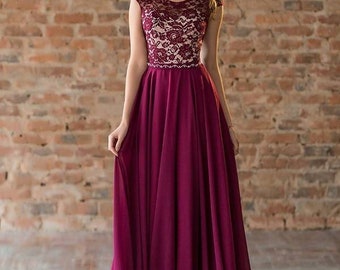 Robe de demoiselle d’honneur rouge foncé - Robe en dentelle Evening Maxi - Robe de longueur de plancher de partie de Bourgogne - Robe élégante de bal - robe d’invité de mariage