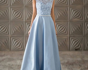 Vestido de encaje Azul por la noche Maxi - vestido de dama de honor - vestido de longitud formal de fiesta - vestido elegante para ocasión especial - vestido de invitado de boda