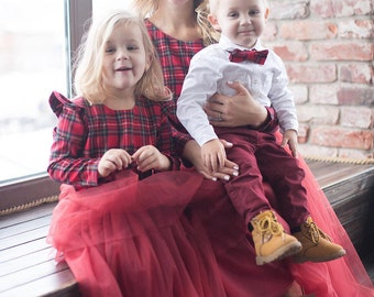 Vestido a juego de hija madre a cuadros, tartan mamá hija a juego maxi vestido de tutú princesa vestido largo vestido de tul mamá y yo traje