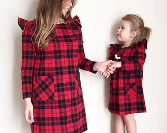 Plaid Mother daughter matching dress, Tartan Mom Daughter matching knee length dress Casual Mom baby dress Mommy and Me outfit Warm dress