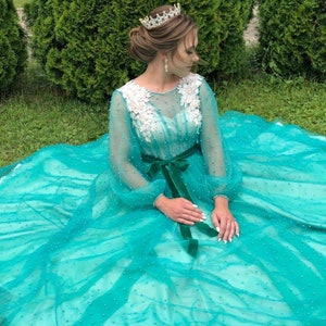 Teal maxi prom dress, Tulle tutu dress with pearls, Turquoise Bridesmaid dress, Party princess dress, Engagement Dress