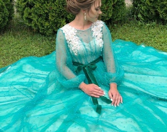 Teal maxi prom dress, Tulle tutu dress with pearls, Turquoise Bridesmaid dress, Party princess dress, Engagement Dress