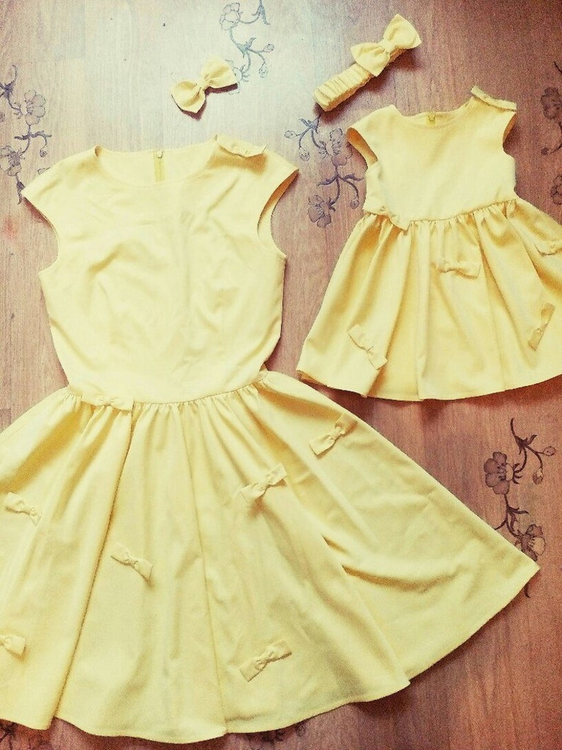 Mother Daughter matching dress Mommy and me cotton yellow dress Mom Daughter matching midi dress Sleeveless bell dress image 4