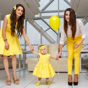 Mother Daughter matching dress Mommy and me cotton yellow dress Mom Daughter matching midi dress Sleeveless bell dress image 1