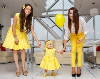 Mère Fille robe assortie maman et moi coton robe jaune maman Fille correspondant robe midi robe sans manches robe cloche