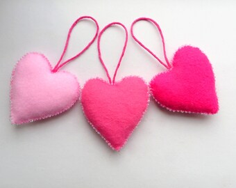 Pink beaded felt heart ornaments (set of 3)