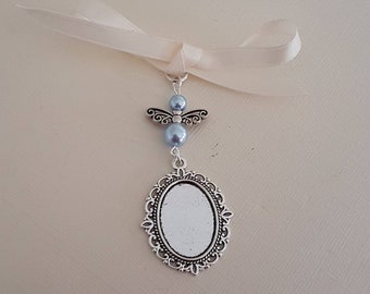 Wedding Bouquet Photo Charm Bouquet locket Photo Frame Oval Silver Locket Pendant, Pale blue Angel, glass cover and Gift Bag