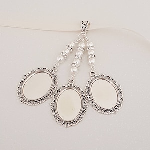 Ciondolo a forma di bouquet da sposa, ciondolo a forma di bouquet da sposa, ciondolo a forma di cornice per foto, ciondolo ovale triplo in argento, perle bianche, coperchi in vetro e sacchetto regalo in organza.