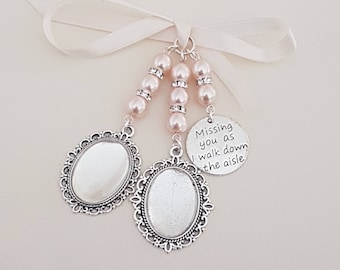 Double Bouquet Charm Oval Silver Locket  "missing you as I walk down the aisle" charm, pale pink pearls, glass covers and organza gift bag