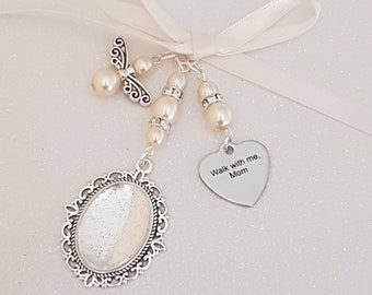 Bouquet Charm, wedding charm, bridal charm, Photo Frame Charm, Silver Locket,"Walk with me Mom" , Ivory Pearls, Angel charm, Cover, Gift Bag