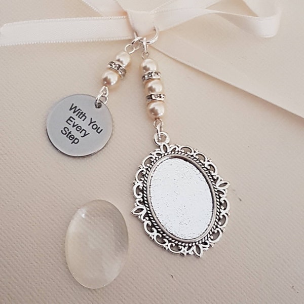 Wedding Bouquet Charm photo frame Memory Locket Oval Silver Locket, a "with you every step" charm, ivory pearls and organza gift bag