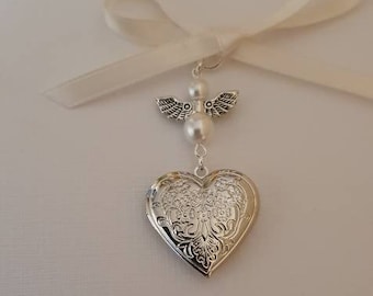 Wedding Bouquet Photo Charm Bridal Charm Silver Heart Bouquet Locket with Angel, White Pearls and Organza gift bag