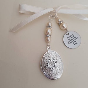 Wedding Photo Frame Bouquet Charm Embossed Silver Heart Locket Pendant, "We know you would be here today if heaven wasn't so far away""