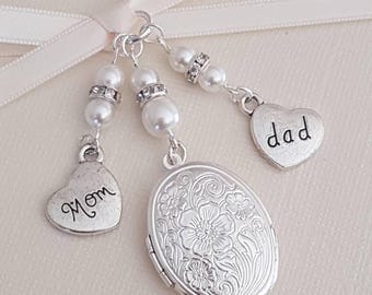 Bouquet Charm, Photo Locket, Wedding Accessory, "Mom"  and "Dad" charm, Bridal Pendant, Remembrance Keepsake