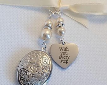 Wedding Bouquet Photo Charm, Bridal Charm Oval Bouquet Locket,  "With you every step" heart.