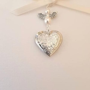 Wedding Bouquet Photo Charm Bridal Charm Silver Heart Bouquet Locket with Angel, White Pearls and Organza gift bag