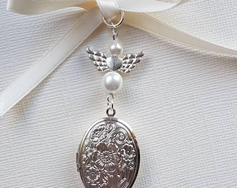 Wedding Bouquet Photo Charm, Bridal Keepsake, Oval Silver Locket, Angel and Pearl Keepsake, Choice of Pearl Colour