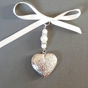 Wedding Bouquet Charm, Heart Embossed Locket Pendant, White Pearls, Bridal Keepsake.