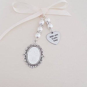 Wedding Bouquet Charm photo frame Memory Locket Oval Silver Locket, a &quot;with you every step&quot; charm, glass cover and organza gift bag