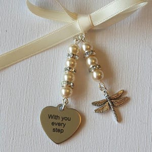 Bridal Bouquet Charm, Dragonfly, Wedding Accessory, "With You Every Step" Heart, Memorial Pendant