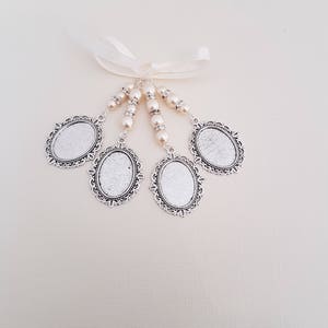 Bridal Wedding Bouquet Charm Photo Frame Charm quadruple Oval Silver photo frame Locket, ivory pearls, glass covers, & organza gift bag