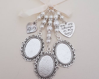 Wedding Bouquet Charm Photo Frame Triple Oval Silver Locket Bridal Charm, "always in my heart", pawprint charm, white pearls, glass covers