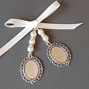 Double Bridal Wedding Bouquet Charm Photo Frame Charm Oval Silver photo frame Locket, white pearls, glass covers & organza gift bag