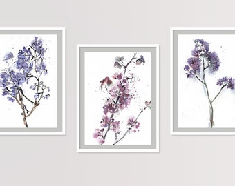 Set Of 3 Prints, Jacaranda Print, Purple Nursery Wall Art, Flower Illustrations, Lavender Painting, Redbud Artwork, Blossoming Branches Art