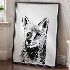 Fox Art Print – Black and White Illustration – Ink Animal Drawing – Monochrome Fox Decor