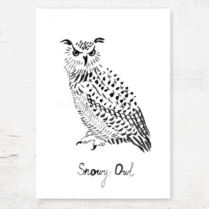 Snowy Owl Poster, Black and White Owl Art Print, Minimalist Bird Drawing, Abstract Animal Artwork, White Bird Wall Decor, Bird Lover Gift