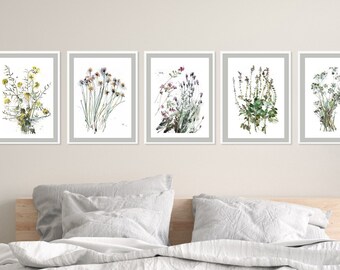 Greenery Wall Art Gallery Wall Set, Ciboulette et Basilic Aquarelle Botanical Art Floral Painting, Above Bed Wall Art Nature Inspiré Decor