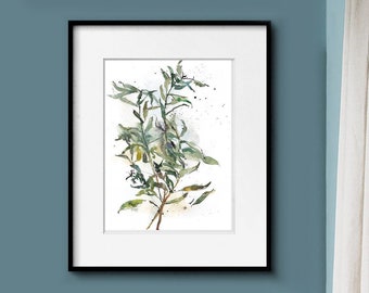 Green Leaves Watercolor Botanical Illustration, Herb Wall Print, Plant Room Wall Decor