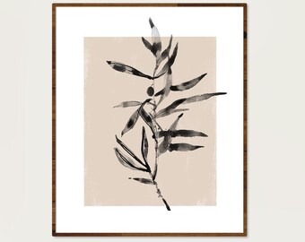 Olive Branch Print: Beige & Black Botanical Wall Art