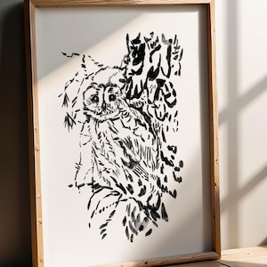 Owl Drawing Print – Black and White Bird Artwork – Vintage Owl Wall Art – Rustic Wildlife Illustration – Nature Inspired Decor