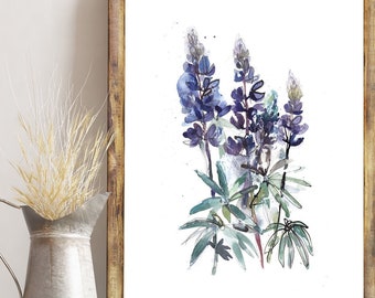 Lupine Print, Alaskan Lupine Artwork, Floral Poster, Purple Wall Decor, Botanical Artwork, Lupine Poster, Watercolor Print, Flower Artwork