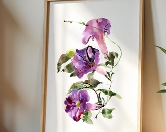Morning Glory Art Print – Purple Floral Watercolor Painting for Colorful Decor