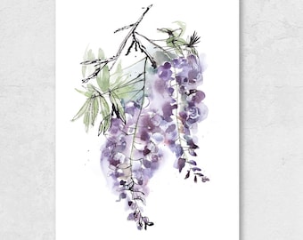 Wisteria Art Print - Purple Floral Watercolor Painting for Above The Couch Wall Decor