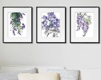 oeuvre d'art murale glycine - aquarelle - impression florale mauve nature - ensemble de peintures murales de galerie de fleurs de jacaranda - lot de 3 oeuvres d'art murales