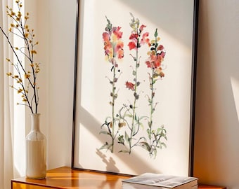 Impression aquarelle Muflier – Art mural floral printanier pour la décoration intérieure