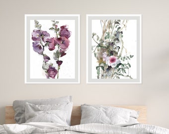 Hollyhock Watercolor Flowers, Pink Purple Floral Painting Set of 2, Bedroom Botanical Wall Decor, Living Room Flower Art Set