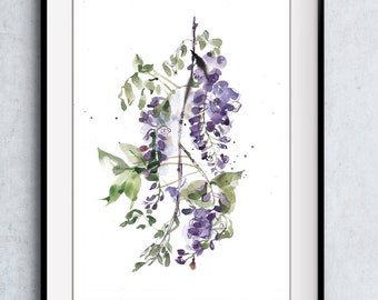 Wisteria Art Print, Purple Branch Watercolor Painting, Violet and Green Floral Artwork, Blossoming Tree Home Decor