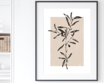 May include: A black and white botanical print of a branch with leaves hangs in a black frame above a white fireplace. A white wicker hanging chair is in the corner of the room.