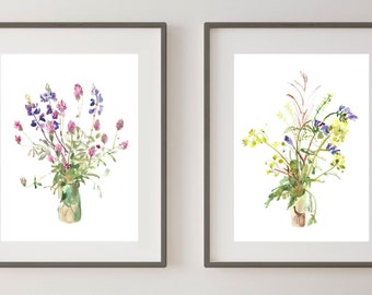 Peinture de bouquet de fleurs sauvages, ensemble d'art aquarelle de 2 tirages, fleurs dans un vase, art mural de trèfle, décor de chambre de pépinière, art mural cottagecore