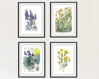 Ensemble de 4 tirages d’art à l’aquarelle avec marguerites et lupin parfait pour un ensemble mural de galerie de maison