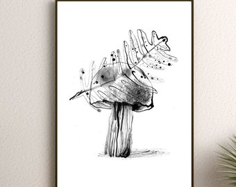 Forest Mushroom Drawing Print: Monochrome Nature Art